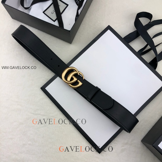 Gucci Black Leather Belt Retro Golden GG Buckle Size 35mm